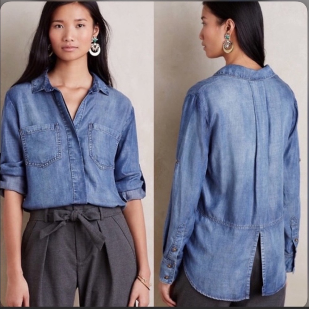 Anthropologie CLOTH & STONE Long Sleeve Button Down Top Chambray Denim Tencel D3 - Picture 9 of 9
